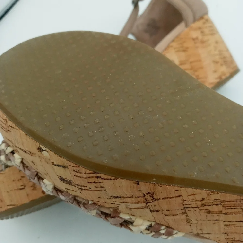 Tom's Stucco Satin Platform Cork Wedge Sandal. Ankle Strap Size 10